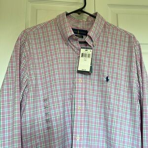 NWT Men’s L Ralph Lauren pink plaid button down slim Fit Performance wicking